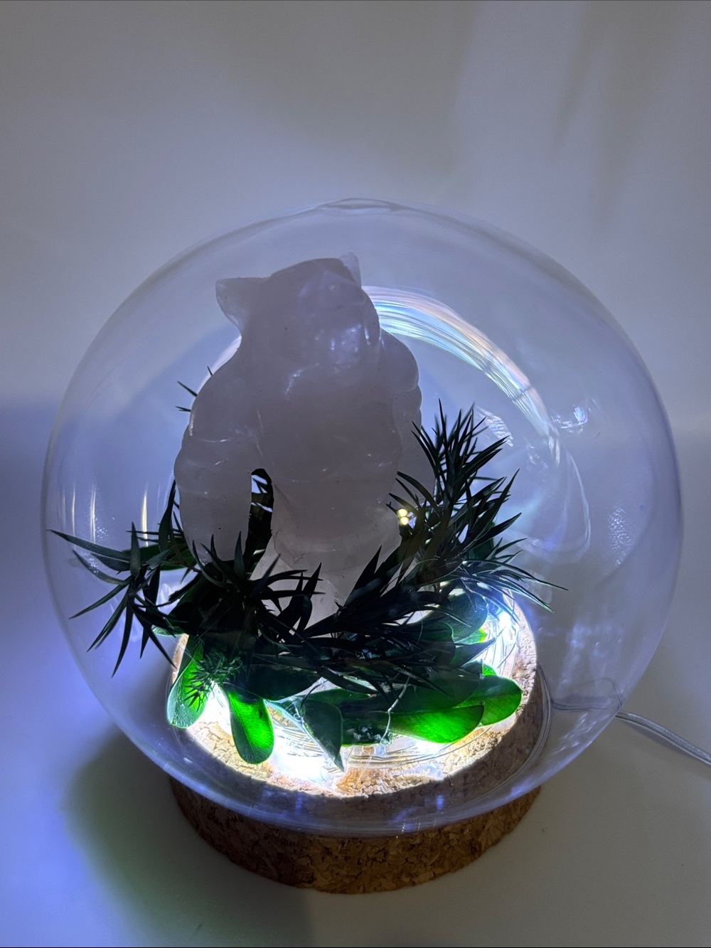 Small Quartz Werewolf Crystal Garden in Glass Cloche with Fairy Lights